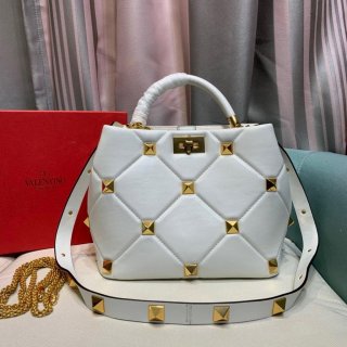 Valentino 2021 Roman Stud The Handle Bag In Nappa 0097L White