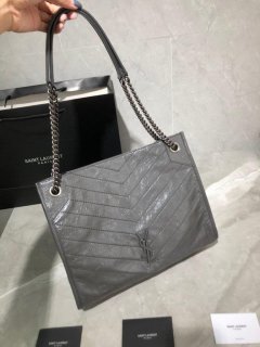 YSL 577999 Saint Laurent YSL Niki Medium Shopping Bag In Crinkled Vintage Leather Gray