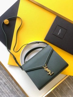 YSL 578000 Cassandra Top Handle Medium Bag In Grain De Poudre Embossed Leather Green