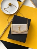 YSL 607788 Yves Saint Laurent Uptown Chain Wallet In Micro Raffia Apricot