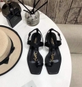 YSL Cassandra Flat Sandals Leather With Monogram Black 30134