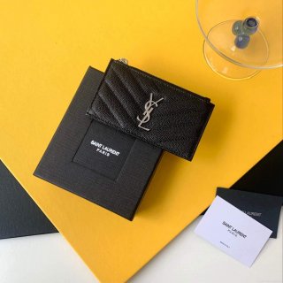 YSL Monogram Fragments Zippered Card Case In Grain De Poudre Embossed Leather 607915 Black Sliver