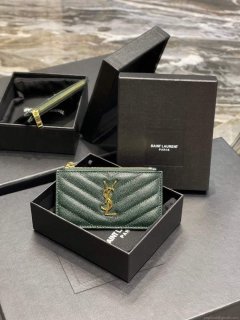 YSL Monogram Fragments Zippered Card Case In Grain De Poudre Embossed Leather 607915 Dark Green Gold