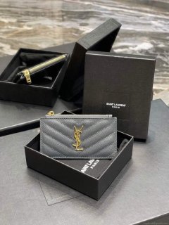 YSL Monogram Fragments Zippered Card Case In Grain De Poudre Embossed Leather 607915 Grey Gold