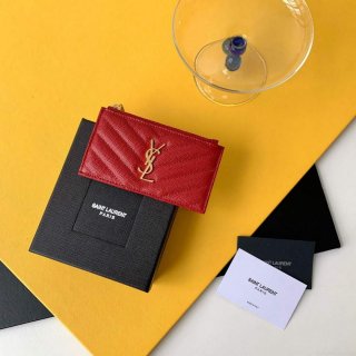 YSL Monogram Fragments Zippered Card Case In Grain De Poudre Embossed Leather 607915 Red Gold