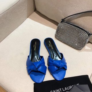 Yves Saint Laurent Bianca Flat Mules In Smooth Leather Blue 30152