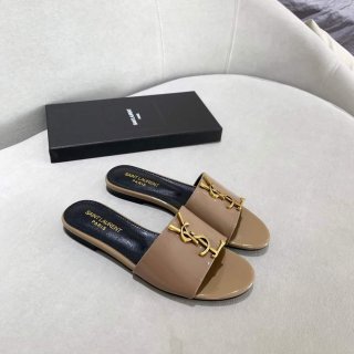 Yves Saint Laurent Flat Sandals Leather With Monogram Khaki 30161