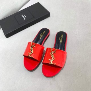 Yves Saint Laurent Flat Sandals Leather With Monogram Red 30162