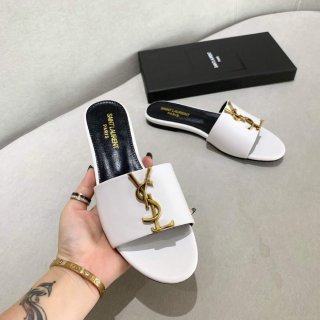 Yves Saint Laurent Flat Sandals Leather With Monogram White 30158