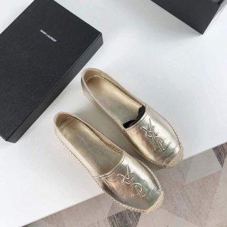 Yves Saint Laurent Logo Leather Espadrilles in Metalized Lambskin 30121 Gold