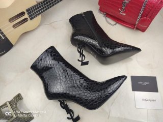 Yves Saint Laurent Opyum Ankle Boots in Alligator-Embossed Patent Leather 63959910 Black with Black Heel