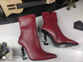 Yves Saint Laurent Opyum Ankle Boots Leather 5637530 Wine Red with Black Heel