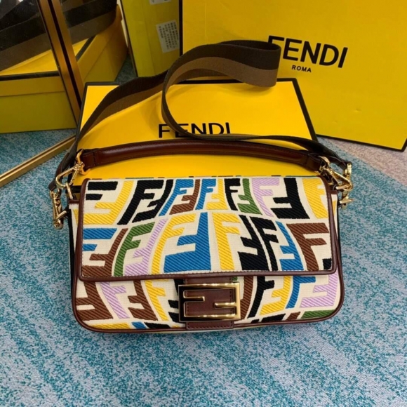 Fendi 8BR600 Baguette Multicolour Embroidered Canvas Bag