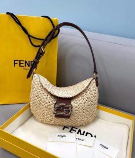 Fendi 8BR790 Small Croissant Woven Straw Bag 8373A Brown