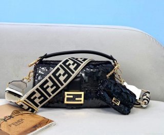 Fendi 8BR792 Medium Baguette 1997 Black Satin Bag with Sequins