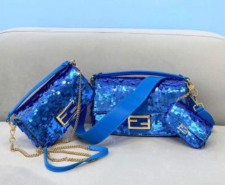 Fendi 8BR792 Medium Baguette 1997 Blue Satin Bag with Sequins 0127L