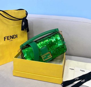 Fendi 8BS049 Mini Baguette 1997 Green Satin Bag with Sequins 0127S