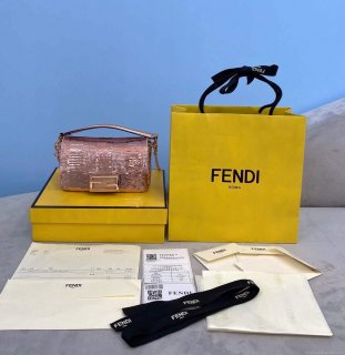 Fendi 8BS049 Mini Baguette 1997 Pink Satin Bag with Sequins 0127S