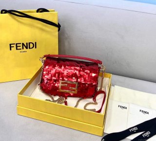 Fendi 8BS049 Mini Baguette 1997 Red Satin Bag with Sequins 0127S