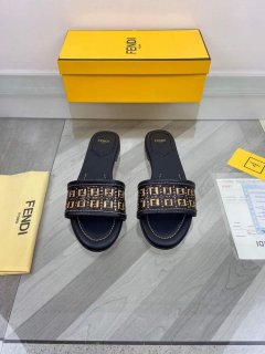 Fendi 8R8092 FF Interlace Leather Slides Flats Shoes Black