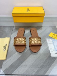 Fendi 8R8092 FF Interlace Leather Slides Flats Shoes Brown