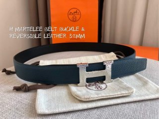 Hermes Women’s Leather H Buckle Belt 32MM 19046 Navy Blue