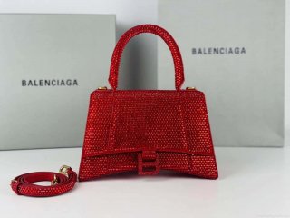 Balenciaga 59283328 Hourglass Top Handle in Red Suede Calfskin with Rhinestones