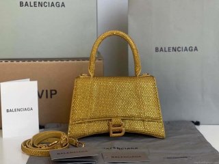 Balenciaga 59283328 Hourglass Top Handle in Yellow Suede Calfskin with Rhinestones