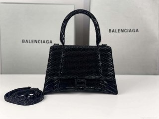 Balenciaga 59283328 Hourglass Top Handle in Black Suede Calfskin with Rhinestones