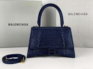 Balenciaga 59283328 Hourglass Top Handle in Navy blue Suede Calfskin with Rhinestones