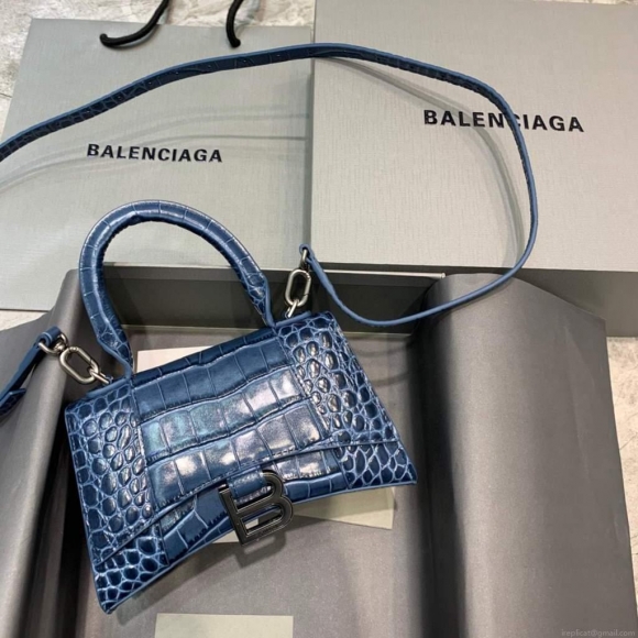 Balenciaga 592833 Hourglass XS Top Handle Bag Navy Blue Silver