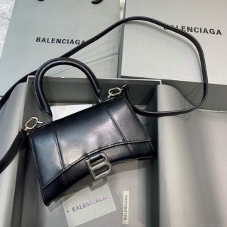 Balenciaga 592833 Hourglass XS Top Handle Leather Bag Black Silver