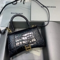 Balenciaga 593546 Hourglass Small Top Handle Crocodile Bag Black Gold