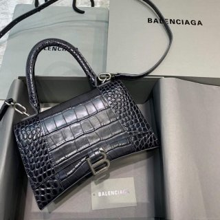 Balenciaga 593546 Hourglass Small Top Handle Crocodile Bag Black Silver