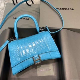 Balenciaga 593546 Hourglass Small Top Handle Crocodile Bag Blue Silver