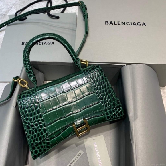 Balenciaga 593546 Hourglass Small Top Handle Crocodile Bag Dark Green Gold