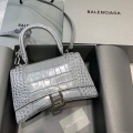 Balenciaga 593546 Hourglass Small Top Handle Crocodile Bag Gray Silver