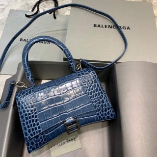 Balenciaga 593546 Hourglass Small Top Handle Crocodile Bag Navy Blue Silver