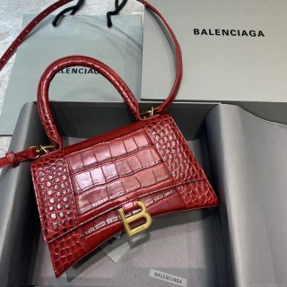 Balenciaga 593546 Hourglass Small Top Handle Crocodile Bag Red