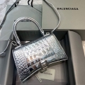 Balenciaga 593546 Hourglass Small Top Handle Crocodile Bag Silver