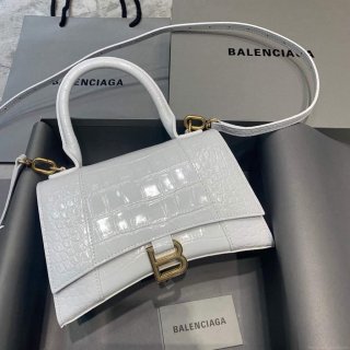 Balenciaga 593546 Hourglass Small Top Handle Crocodile Bag White Gold