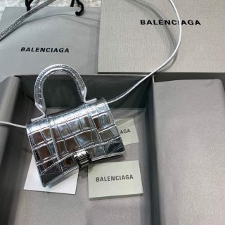 Balenciaga 664676 Hourglass Mini Top Handle Crocodile Bag Silver