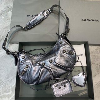 Balenciaga 67130723 Women’s Le Cagole Small Shoulder Bag Arena lambskin In Silver