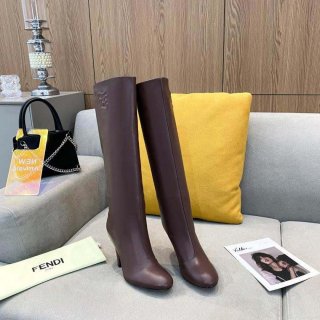 Fendi Women Shoes Cut Brown leather high-heeled boots 192494