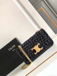 Celine 197993 Chain Shoulder Bag Claude In Triomphe Raffia Black