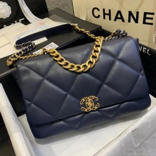 Chanel 19 Maxi Handbag Lambskin Gold AS1162 Navy Blue