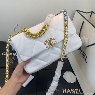 Chanel 19 Large Handbag Lambskin Gold AS1161 White