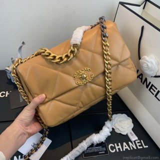 Chanel 19 Large Handbag Lambskin Gold AS1161 Tan