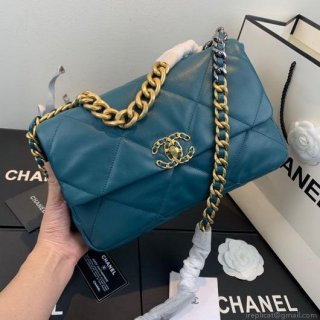 Chanel 19 Large Handbag Lambskin Gold AS1161 Lake Blue