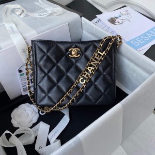 Chanel Small Hobo Bag Lambskin Gold AS3223 Black